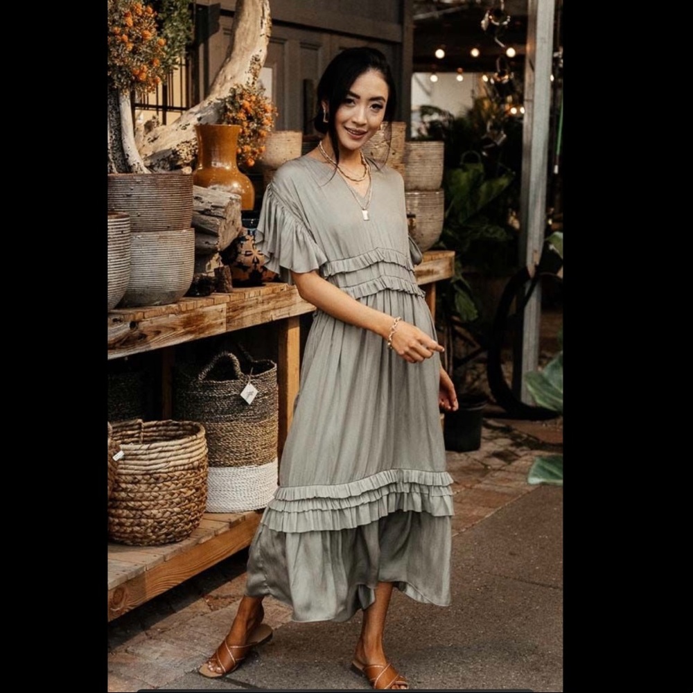 Willa Ruffle Dress (small) by Böhme in the color sage.